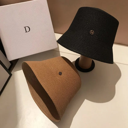 Japanese Designer M Straw Woven Summer Sun Hat for Women Casual Travel Panama Bucket Hat Sunscreen Slim-Face Luxury