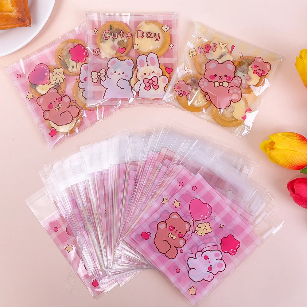100/200PCS Cute Bear Self-Adhesive Treat Bags for Cookies, Candy, Biscuits, Snacks, Wedding Favors & Gift Packaging