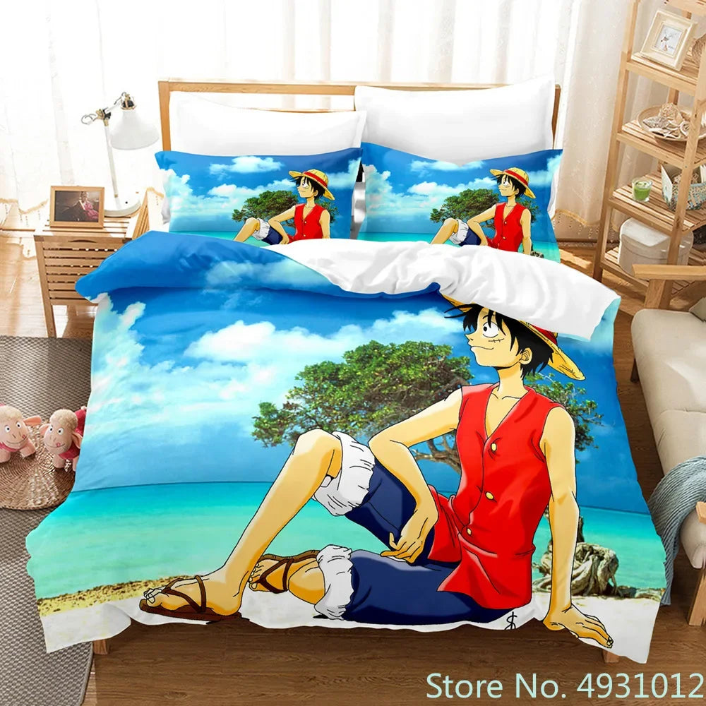 One Piece Luffy 3-Piece Bedding Set – 3D Cartoon Anime Duvet Cover & Pillowcase Set for Kids, Boys, Teens & Adults