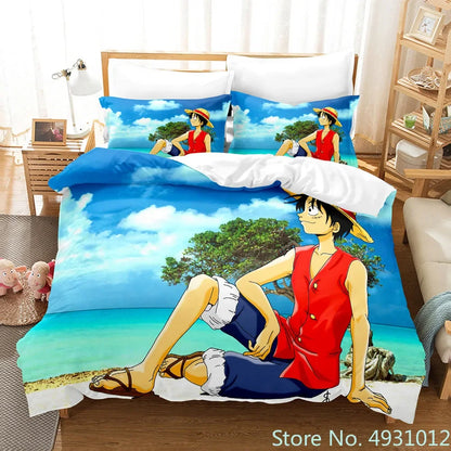 One Piece Luffy 3-Piece Bedding Set – 3D Cartoon Anime Duvet Cover & Pillowcase Set for Kids, Boys, Teens & Adults