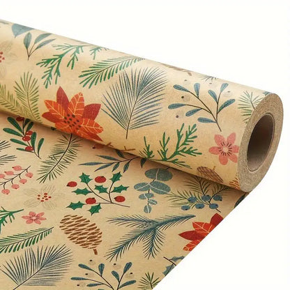1 Roll 10M Christmas Kraft Gift Wrapping Paper – Large Size Plant Leaf & Flower Design for DIY Gift Packaging, Holiday Decor & Crafts