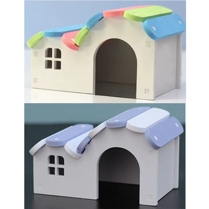 Wooden Hamster Hideout & Rainbow House – Assembled Small Animal Nest with Totoro-Inspired Design, Hamster Villa & Activity Toy