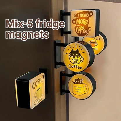 Retro Coffee Shop Fridge Magnet – Glowing Miniature Coffee Corner Magnetic Ornament for Home Décor