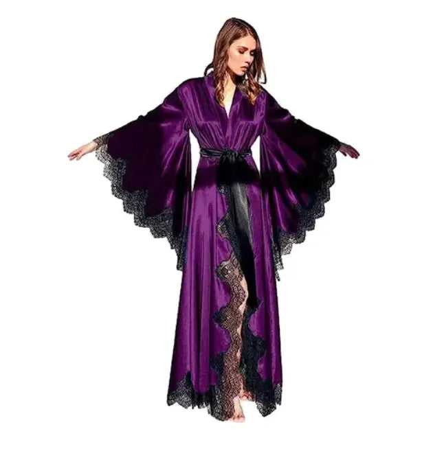 Women’s Black Silk Satin Kimono Robe – Lace Trim Wedding Bride Sleepwear Pajamas Photo Shoot Gown