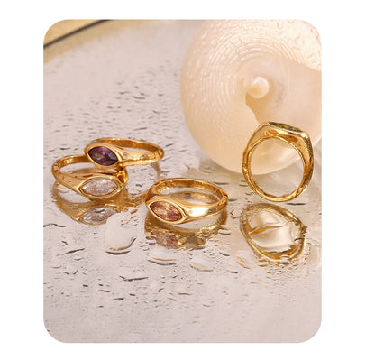 18K Gold Plated Horse Eye Zircon Signet Ring – Hypoallergenic 316L Stainless Steel Colorful Statement Ring for Women