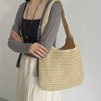 Sac à bandoulière en rotin tressé pour femmes – Grand sac cabas en paille tressée, sac de plage d'été pour femmes, sac de voyage décontracté pour les vacances, le shopping et un usage quotidien