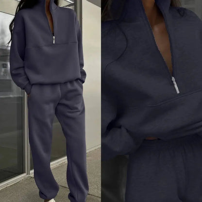 FSMG Women’s Casual 2-Piece Tracksuit Set – Half High Neck Long Sleeve Zip Pullover & Elastic Waist Pants, Solid Sport Outfit