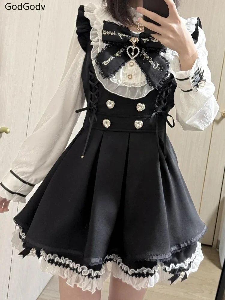 Vestido japonés Sweet Lolita Kawaii para mujer 2025, estampado de primavera, lazo, vestido falso de dos piezas, estilo coreano, ropa de fiesta
