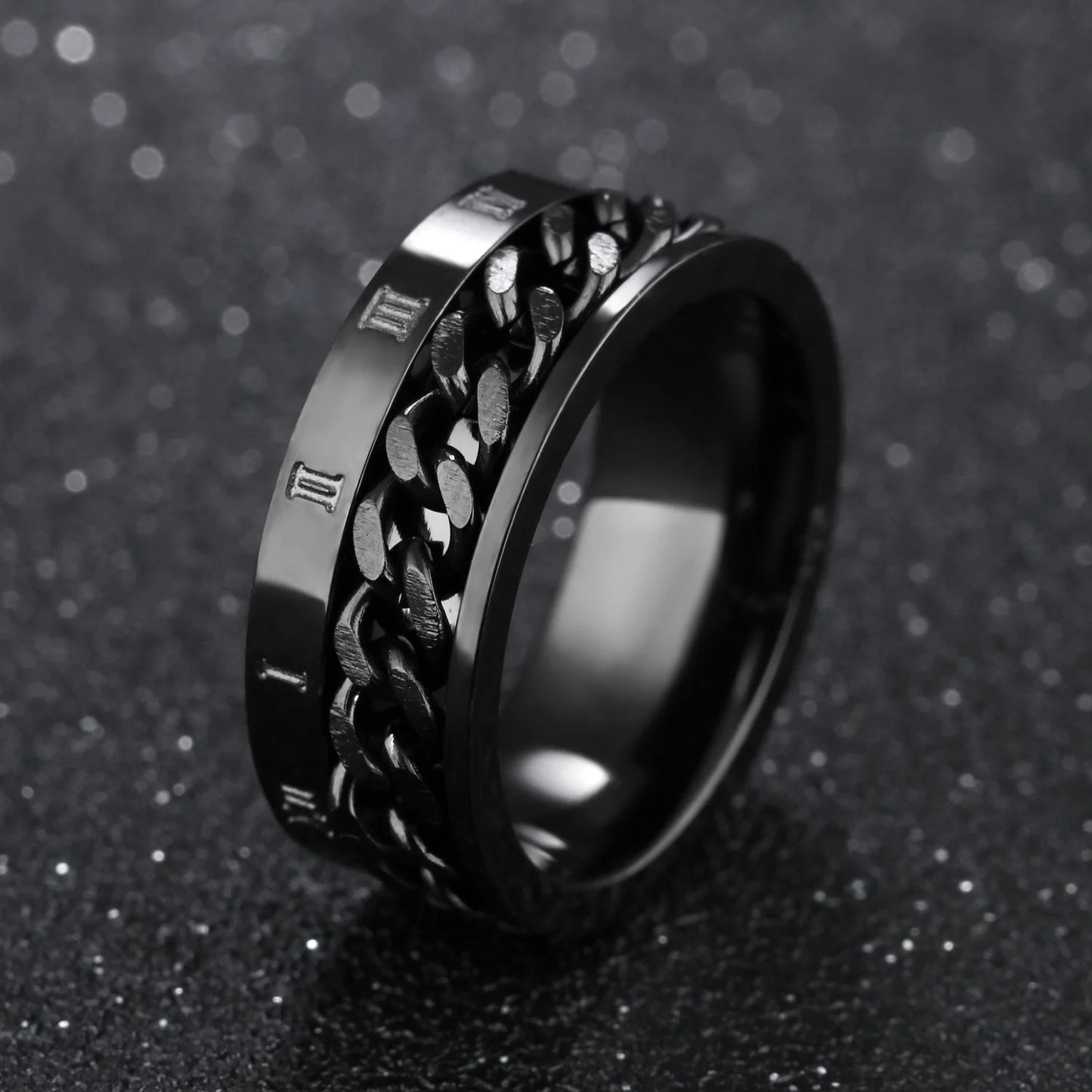 Roman Numeral Spinner Ring – Stainless Steel Chain Rotating Anxiety Fidget Ring for Men | Black Metal Stress Relief Jewelry
