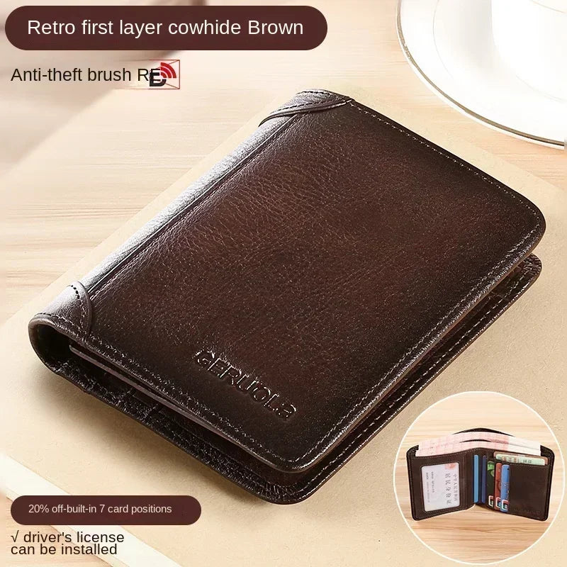 Men's Genuine Leather RFID Blocking Trifold Wallet Slim Vintage ID & Credit Card Holder