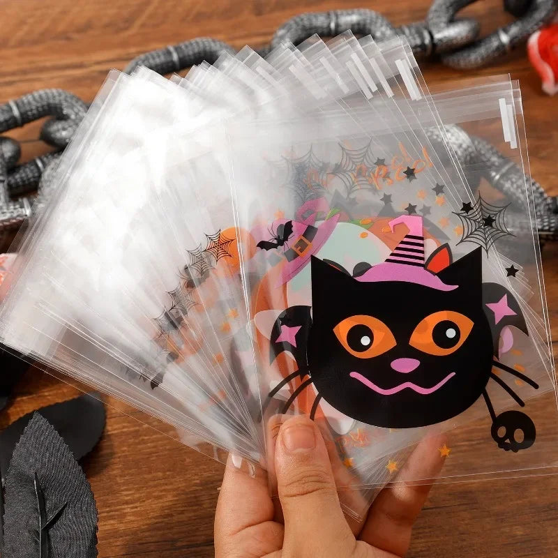 100/500PCS Halloween Candy Bags – Spooky Self-Adhesive Plastic Treat Bags for Candy, Cookies & Snacks, Kids’ Gifts, Trick-or-Treat & Halloween Party Decor