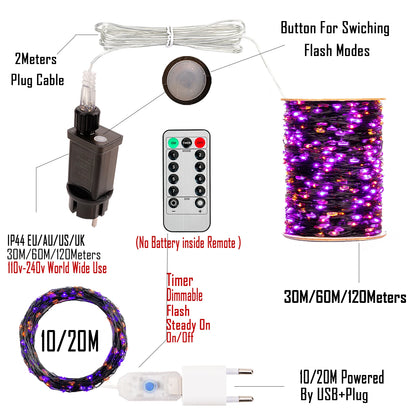 10–120M Halloween Purple & Orange Fairy String Lights – 8-Mode Black Wire LED Lights for Outdoor Christmas, Street, Garden & Party Decor