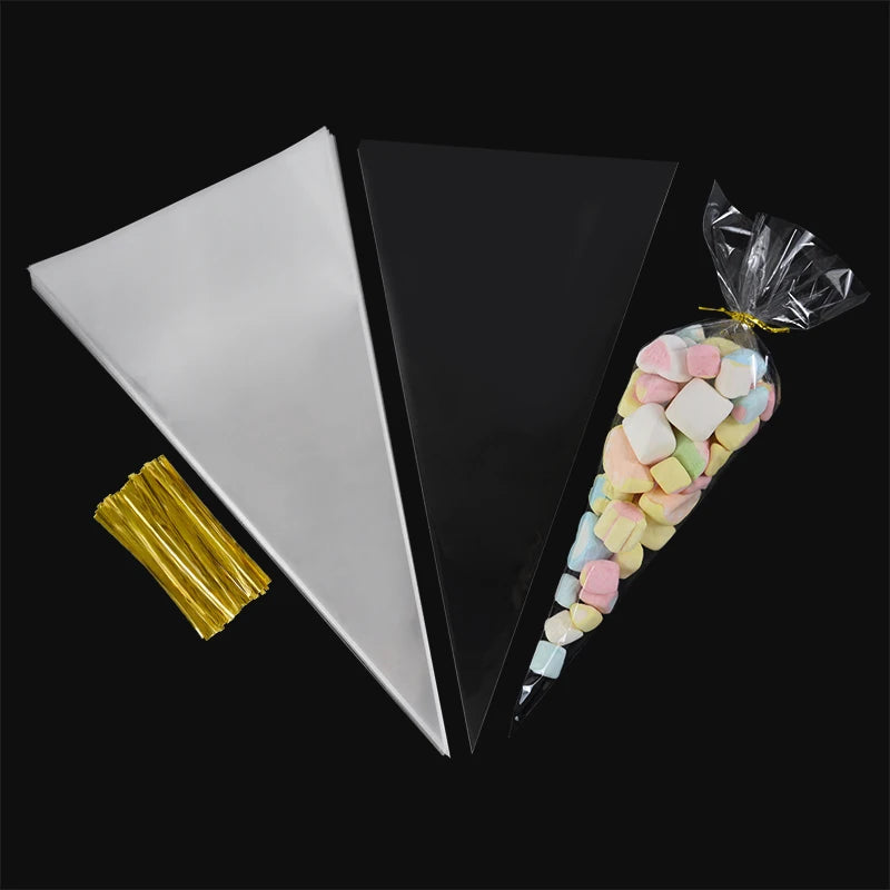 50 bolsas de celofán transparentes con forma de cono – Bolsas de plástico transparentes para palomitas, dulces, baby shower, regalos de boda y empaques de regalo