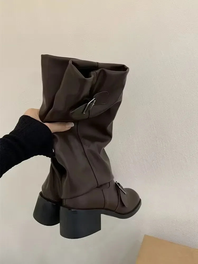 Botas altas de plataforma hasta la rodilla para mujer – Botas de moto de piel estilo gótico punk con tacón grueso, calzado de moda estilo New Rock