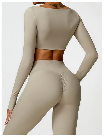Women’s Square Neck Sports Crop Top – Long Sleeve Quick-Dry Gym Yoga Fitness Activewear