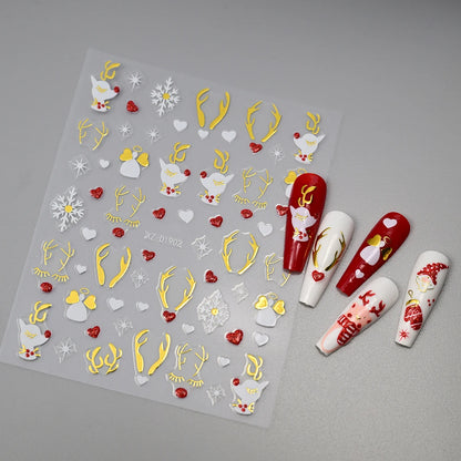 Christmas Nail Art Stickers – Red Glitter Snowflake, Elk & Snowman Self-Adhesive Holiday Manicure Decals (1–12pcs)