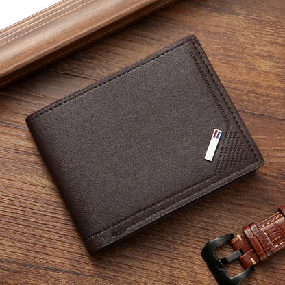 Men's Lychee Texture Leather Wallet Short Card Holder with Coin Pocket & Cash Compartment