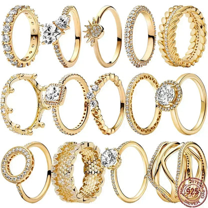 Anillo de moda ajustable con corona de corazón de plata de ley 925 chapado en oro con purpurina para mujer