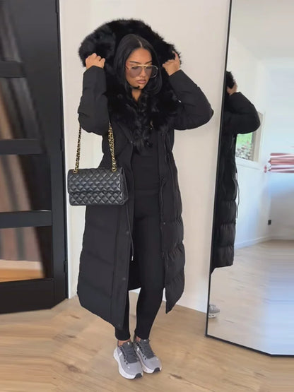 Women’s Long Puffer Winter Coat – Thick Warm Maxi Padded Jacket with Faux Fur Hood, Drawstring Waist & Zip-Up Button Closure
