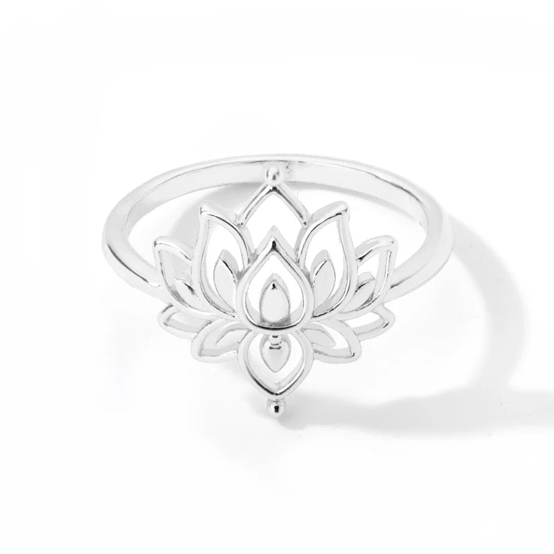 Gold Stainless Steel Lotus Flower Opal Ring – Vintage Oval Stone Statement Ring for Women | Elegant Fashion Jewelry Gift