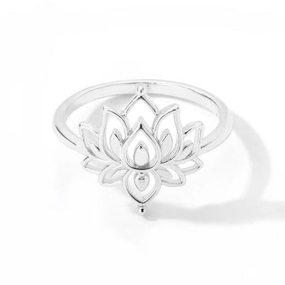 Gold Stainless Steel Lotus Flower Opal Ring – Vintage Oval Stone Statement Ring for Women | Elegant Fashion Jewelry Gift