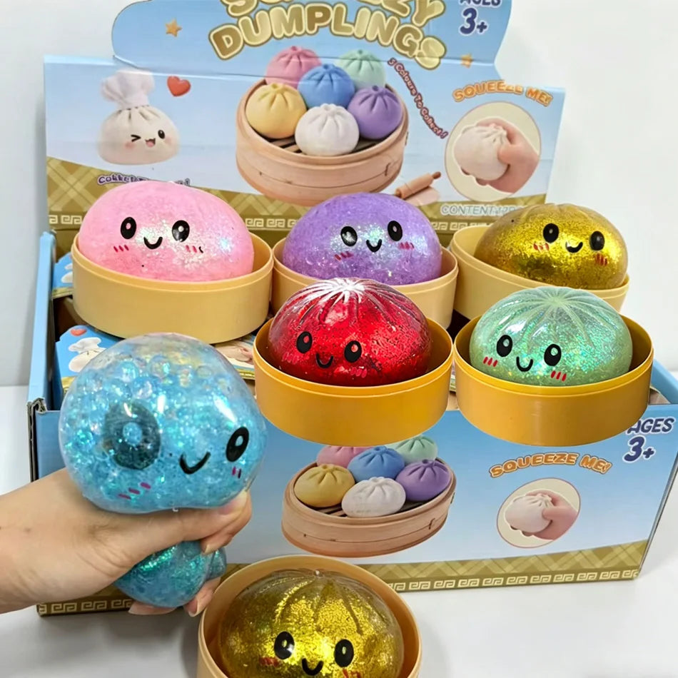 1–12PCS Glitter Dumpling Squishy with Box – Sensory Squeeze Stress Relief Fidget Toy, Glitter Dumplings Set