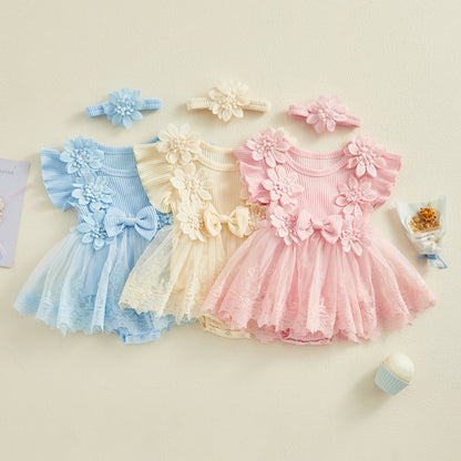 Vestido de mameluco 3D con flores para bebé – Body de malla de princesa de verano con volantes de encaje, conjunto de recién nacido con diadema a juego, ropa linda para niños para ocasiones especiales y uso diario