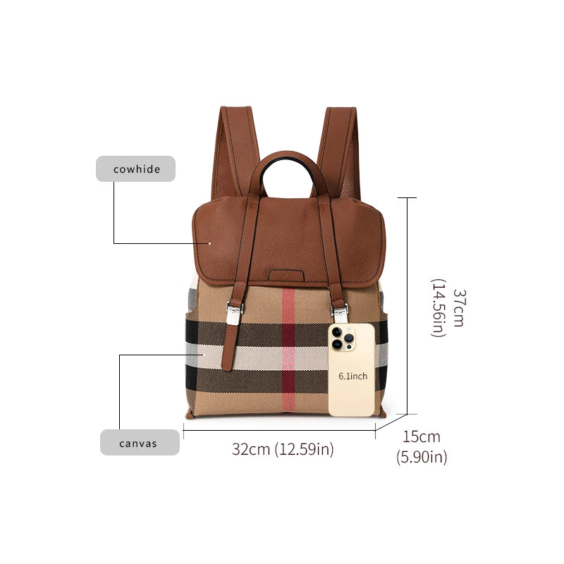 2026 Genuine Leather Backpack for Women & Men – Large-Capacity Lightweight Cowhide Plaid Travel Backpack, Stylish Everyday Daypack