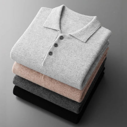 Men’s Luxury Merino Wool Cashmere Sweater – Buttoned Polo Collar Pullover, Warm Knitwear for Autumn & Winter Casual Wear