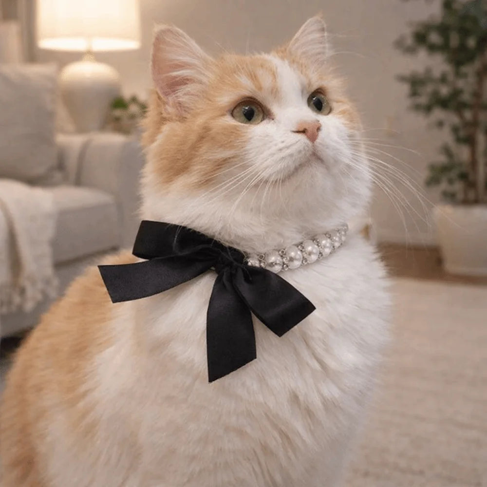 Adjustable Pearl Pet Collar – Bling Simulated Pearl Beaded Necklace with Elegant Bow Knot Ribbon for Cats & Small Dogs