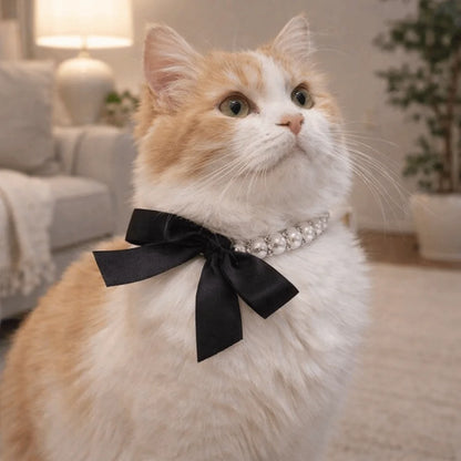 Adjustable Pearl Pet Collar – Bling Simulated Pearl Beaded Necklace with Elegant Bow Knot Ribbon for Cats & Small Dogs