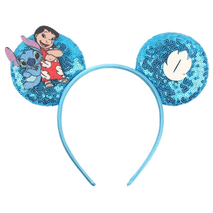 Diadema de orejas de Mickey Mouse de Lilo & Stitch – Lazo de lentejuelas de 5" Accesorio para el cabello de dibujos animados para mujeres y niñas | Diadema para fiestas y festivales