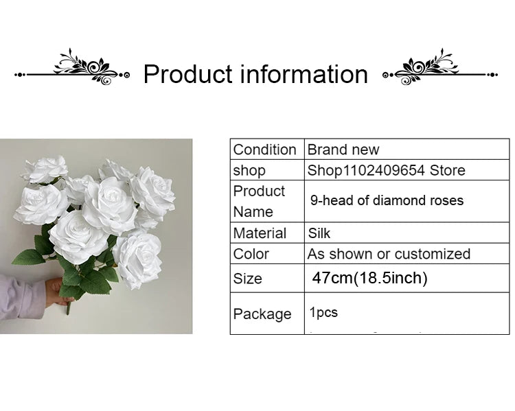 Ramo de rosas de diamantes de 9 cabezas – Rosas artificiales sintéticas con detalles de diamantes brillantes, arreglo floral realista para boda, decoración del hogar, sala de estar y regalo