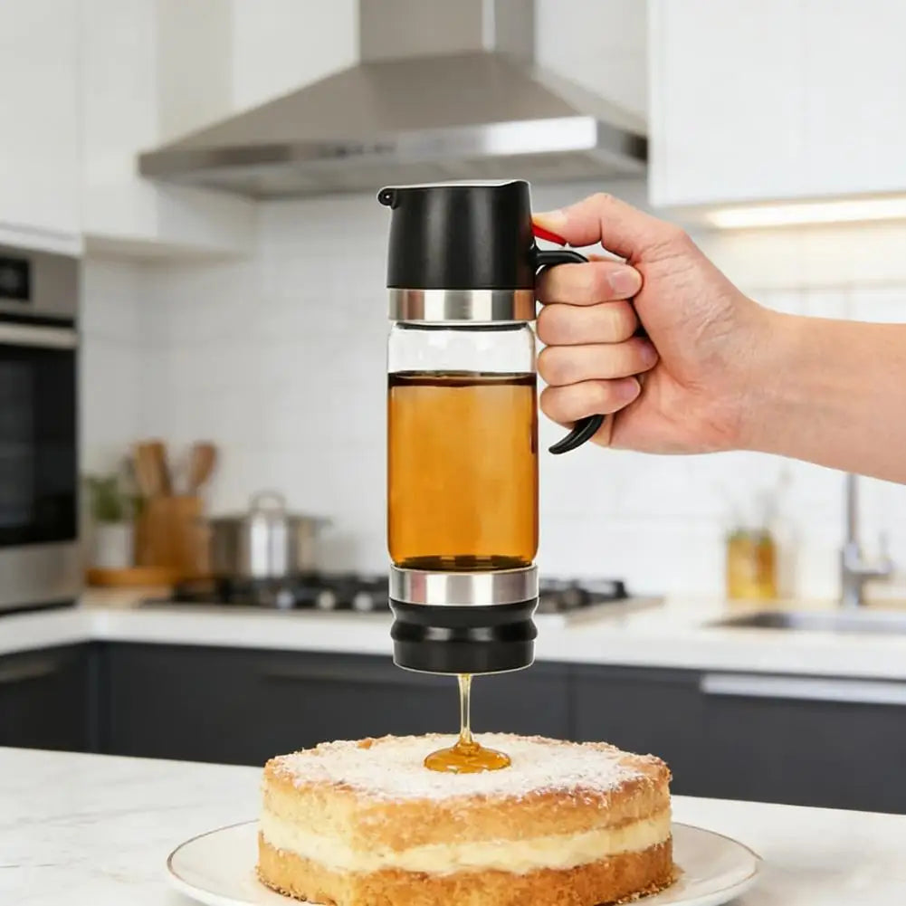 Glass Syrup Dispenser Bottle – Press-Top Honey & Syrup Container with No-Drip Spout, BPA-Free Design for Kitchen & Barbecue
