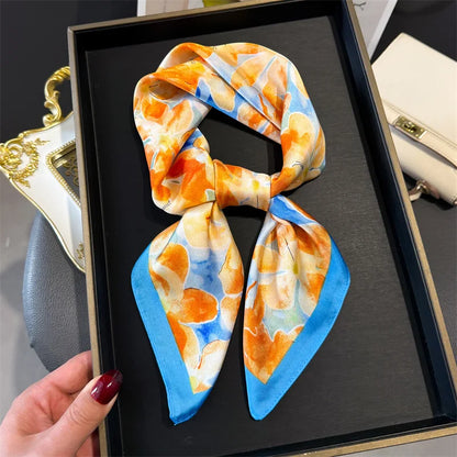 2024 Lujosa Bufanda Cuadrada de Seda de 70cm para Mujer con Estampado Floral, Pañuelo de Diseñador, Fular, Chal, Hiyab, Diadema, Lazos