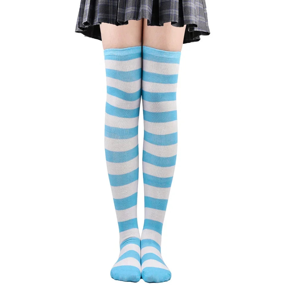 Thigh High Socks Women Over Knee Striped Polka Dot Stockings Black White Pink Lolita Cosplay Harajuku Y2K Kawaii