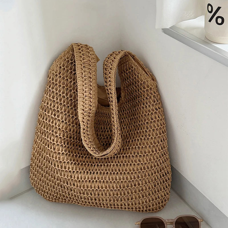 Sac à bandoulière en rotin tressé pour femmes – Grand sac cabas en paille tressée, sac de plage d'été pour femmes, sac de voyage décontracté pour les vacances, le shopping et un usage quotidien