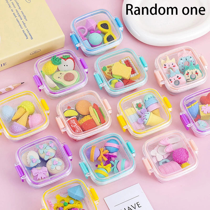 Juego de gomas de borrar creativas para lonchera – Bonitas gomas de borrar de lápiz suaves con temática de comida para estudiantes, útiles escolares, corrección de escritura y divertidos premios de regalo