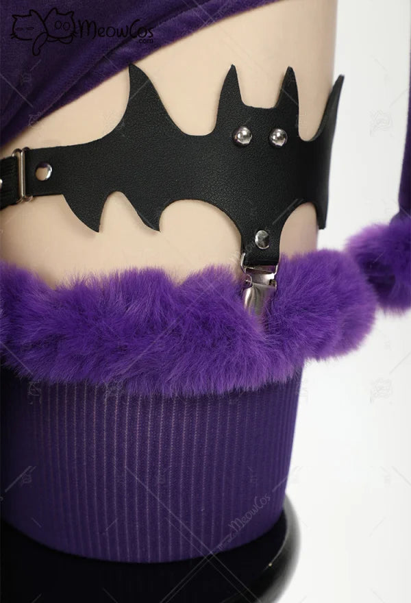 Meowcos Genga Cosplay Costume – Purple Ghost Romper Bodysuit | Hooded Plush Outfit with Belt, Tail & Socks (Halloween / Women)
