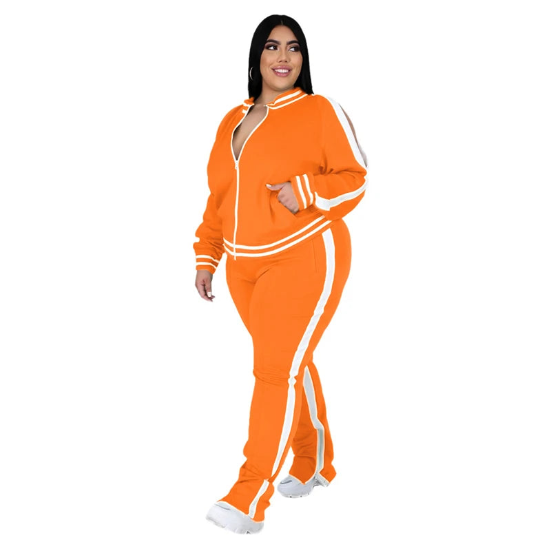 Plus Size L-5XL Women's 2-Piece Sweatsuit Set – Zip-Up Striped Top & Slit Jogger Sweatpants, Casual Matching Outfit for Everyday Wear