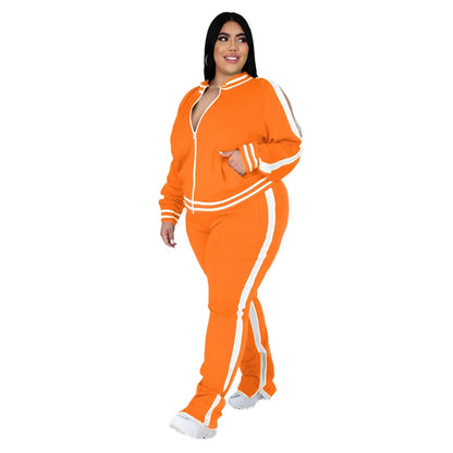 Plus Size L-5XL Women's 2-Piece Sweatsuit Set – Zip-Up Striped Top & Slit Jogger Sweatpants, Casual Matching Outfit for Everyday Wear