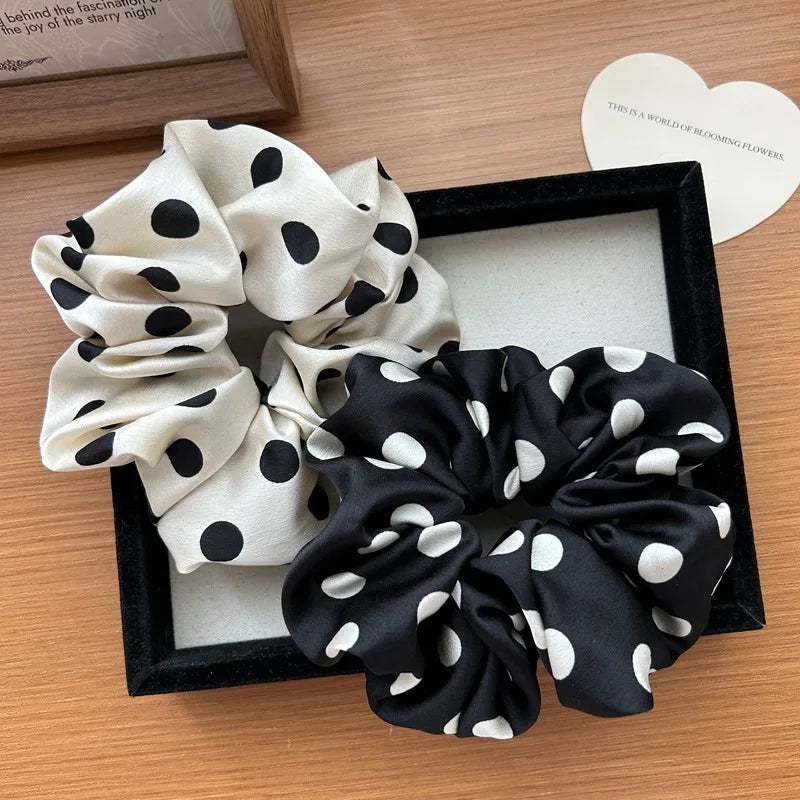 Korean Dot Satin Scrunchies – White & Black Silk Elastic Hair Ties for Women & Girls | Fashion Ponytail Hair Accessories