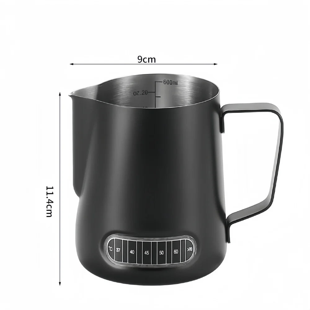 Jarra para espumar leche de café con indicador de temperatura - Jarra espumadora de leche de acero inoxidable con escala de medición para Latte Art y Espresso