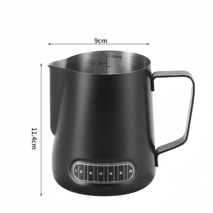 Jarra para espumar leche de café con indicador de temperatura - Jarra espumadora de leche de acero inoxidable con escala de medición para Latte Art y Espresso