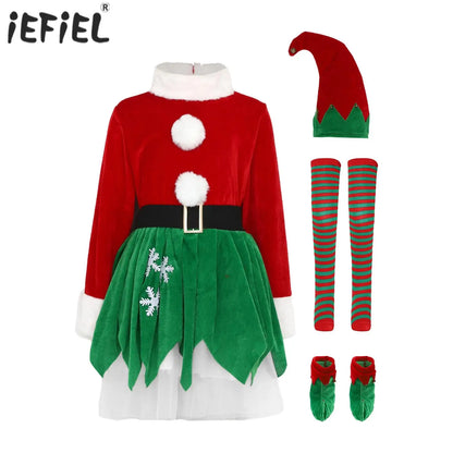 Kids Girls Christmas Elf Costume Set, Santa Claus Holiday Outfit with Accessories, Festive Xmas Dress-Up Costume for Christmas Parties, New Year Celebrations, School Events and Holiday Cosplay