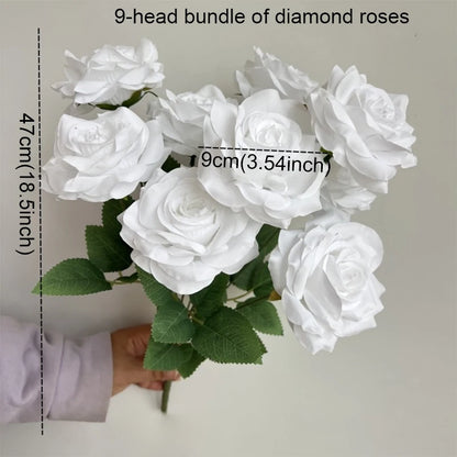 Ramo de rosas de diamantes de 9 cabezas – Rosas artificiales sintéticas con detalles de diamantes brillantes, arreglo floral realista para boda, decoración del hogar, sala de estar y regalo