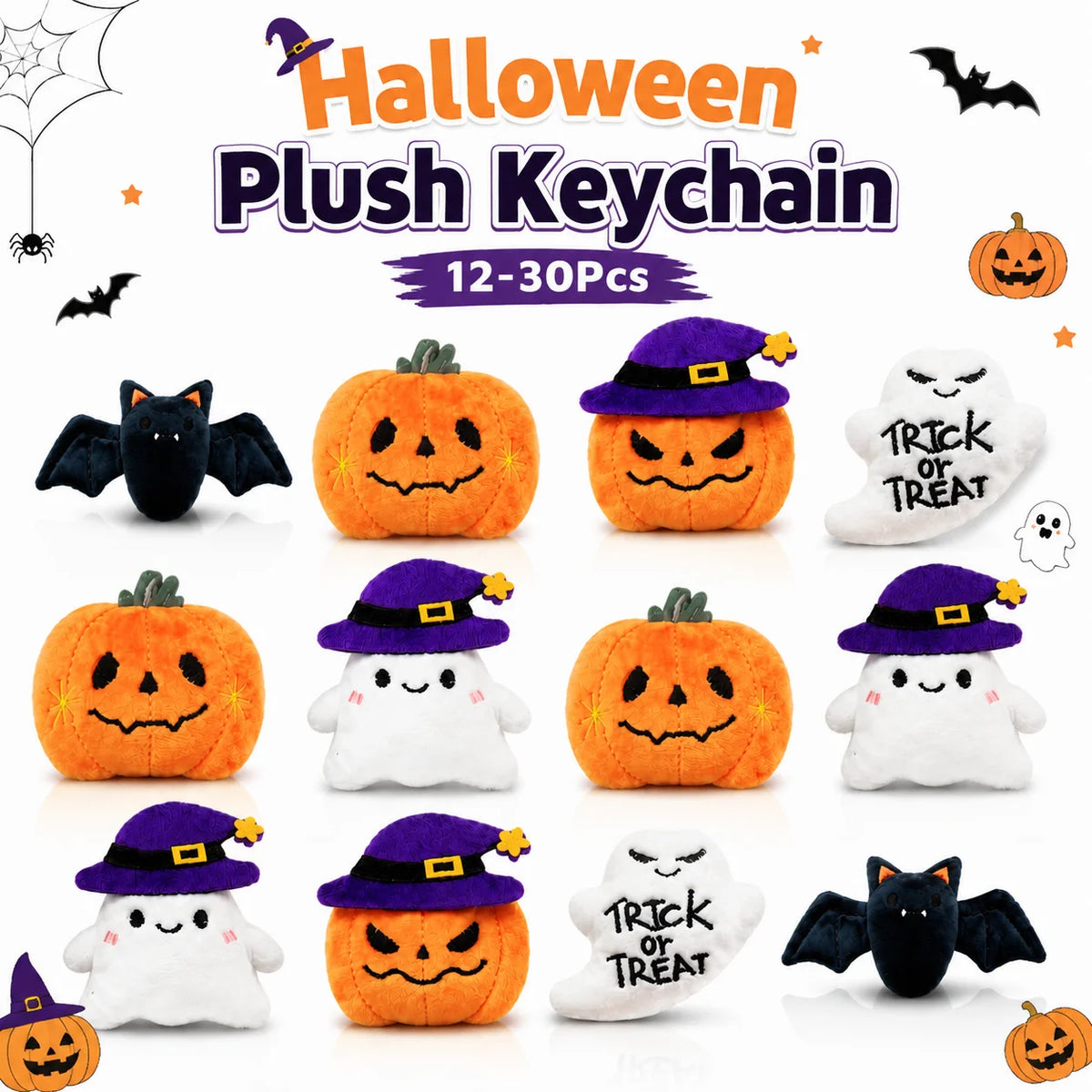 12-40PCS Halloween Mini Plush Keychains Bulk, Cute Ghost Stuffed Animal Charms, Trick or Treat Goodie Bag Fillers, Halloween Party Favors, Gifts and Kids Accessories