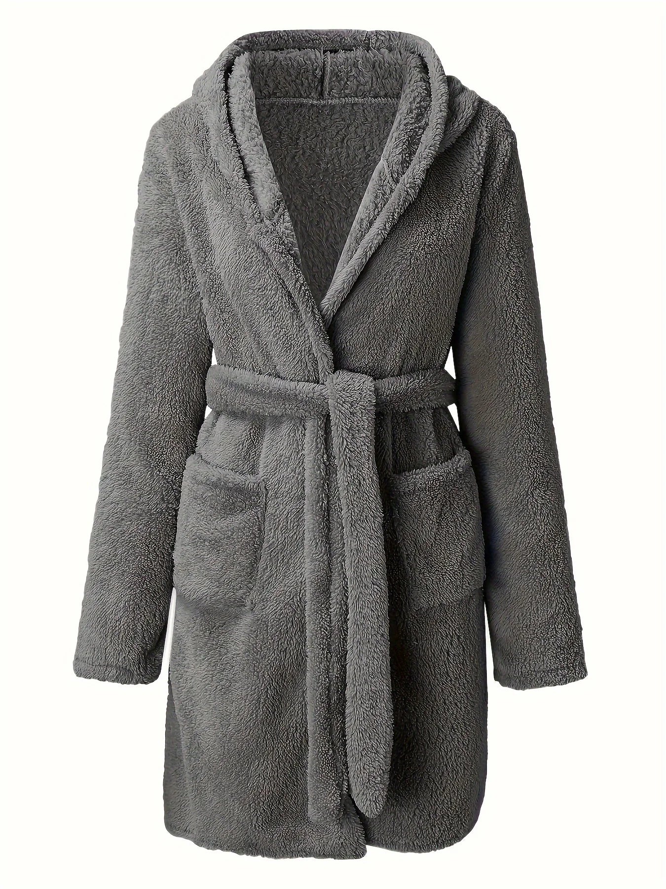 Women’s Hooded Fleece Robe – Solid Color Cozy Warm Bathrobe with Belt for Autumn & Winter Home Wear