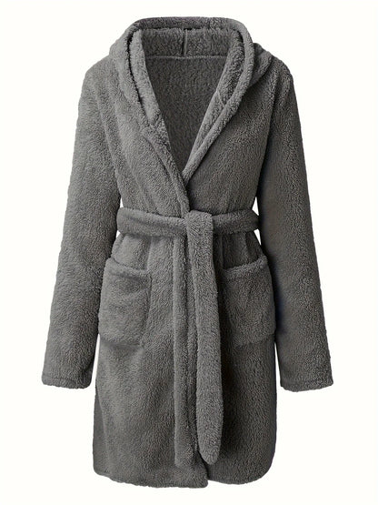 Women’s Hooded Fleece Robe – Solid Color Cozy Warm Bathrobe with Belt for Autumn & Winter Home Wear