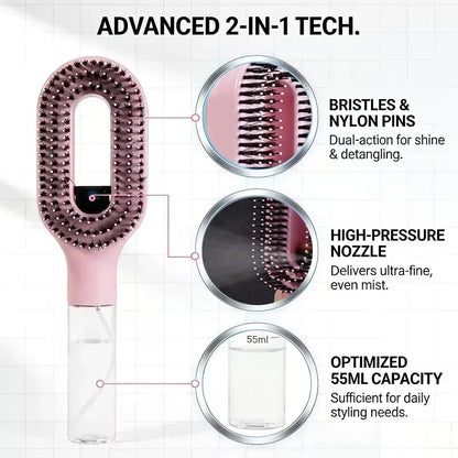 2-in-1 Detangling Spray Hair Brush with Water Mist Bottle – Anti-Static Scalp Massage Comb for All Hair Types
